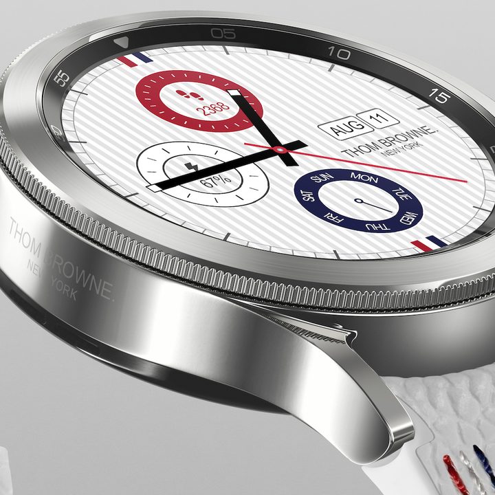 Close-up of the Samsung Galaxy Watch 4 Classic Thom Browne Edition's custom watch face.