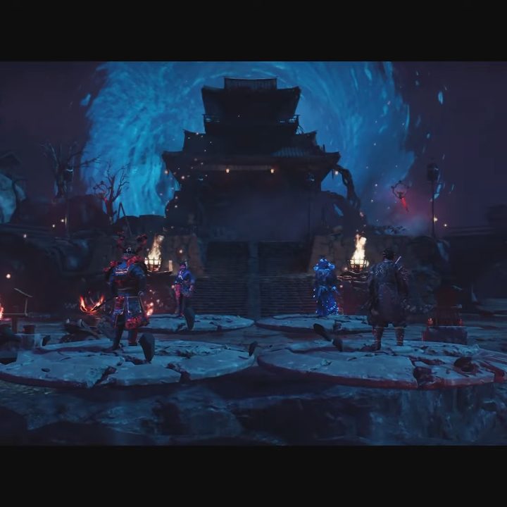 Two teams standing in front of a blue portal in the sky.