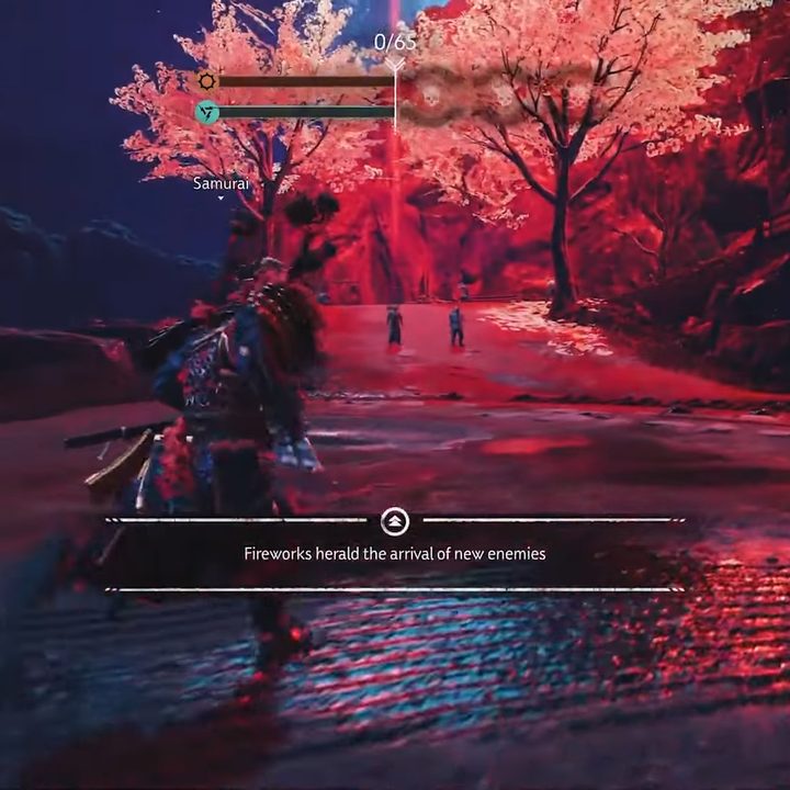 A samurai watching enemies appear in a red light.
