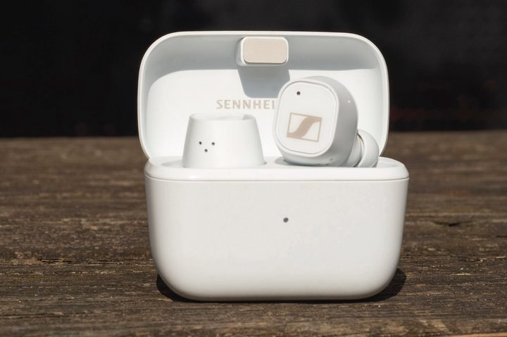 Sennheiser CX Plus True Wireless earbuds in white.