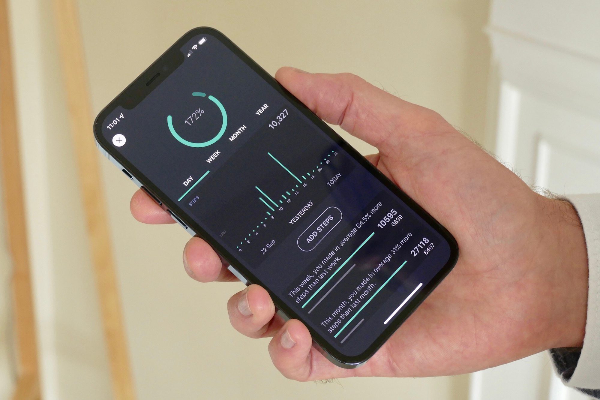 Sequent SuperCharger watch app showing step count.