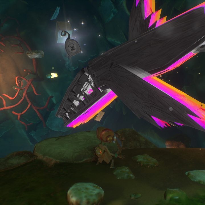 Emotional Baggage on flying wooden shark.