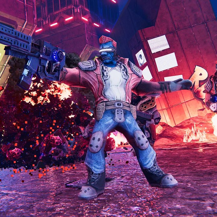 A group of cyberpunk-styled enemies, pointing their guns in the street.
