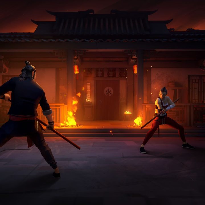 Two characters wielding staffs face off in Sifu.
