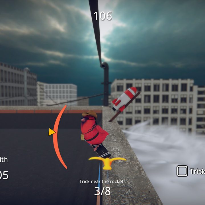 Griding across a rooftop in Skatebird.