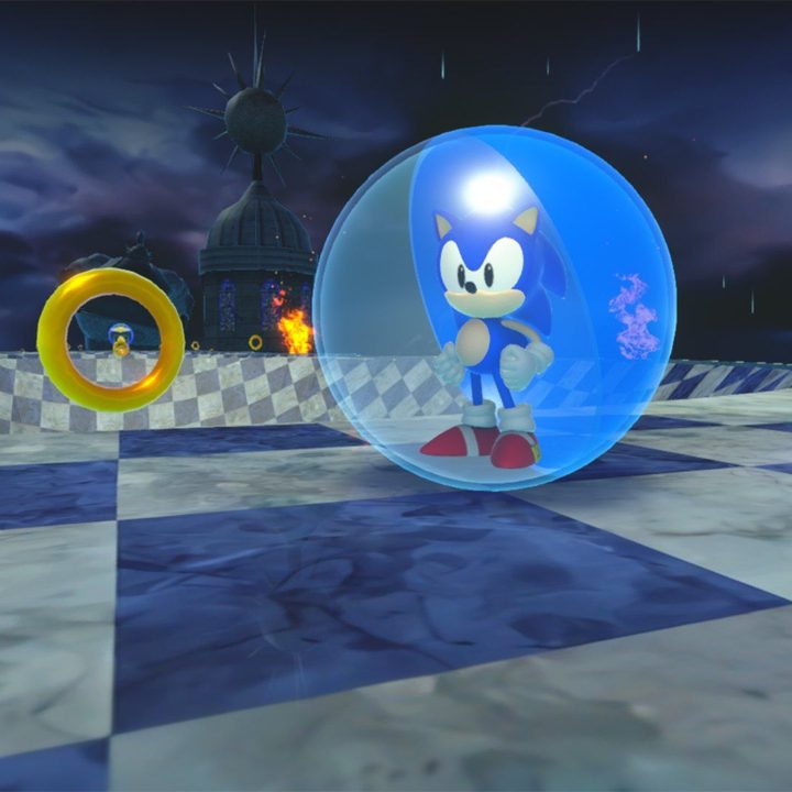 Sonic stands triumphantly next to some rings in the Storm world.