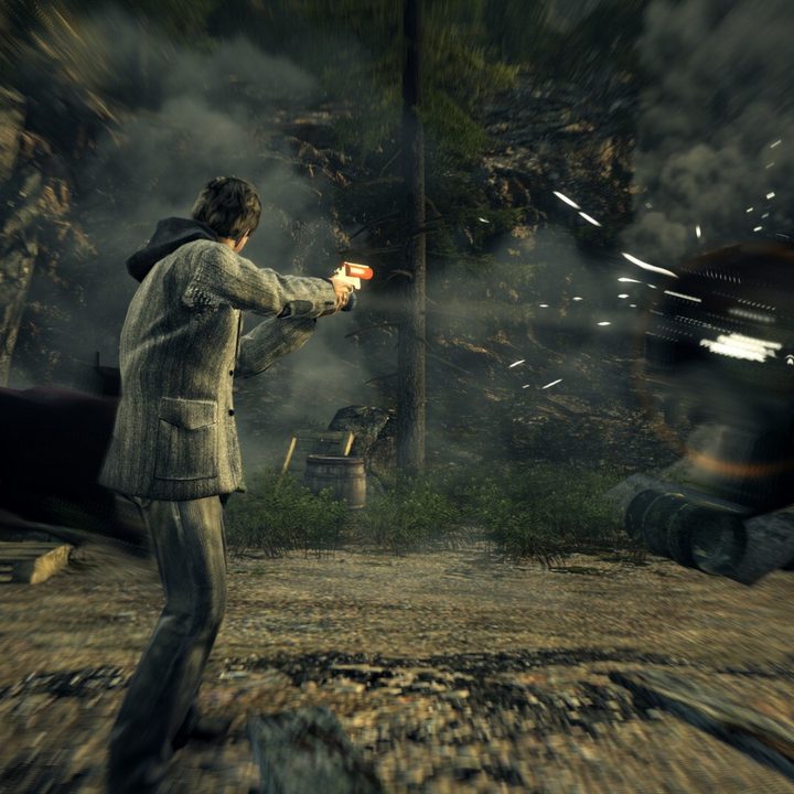Alan Wake shoots a flare gun in Alan Wake.
