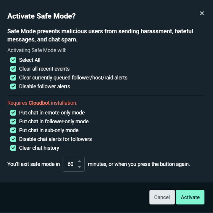 The checklist that appears when streamers activate Safe Mode.