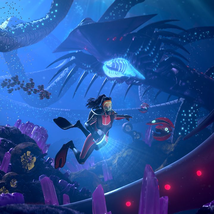 A scuba diver in an alien ocean.