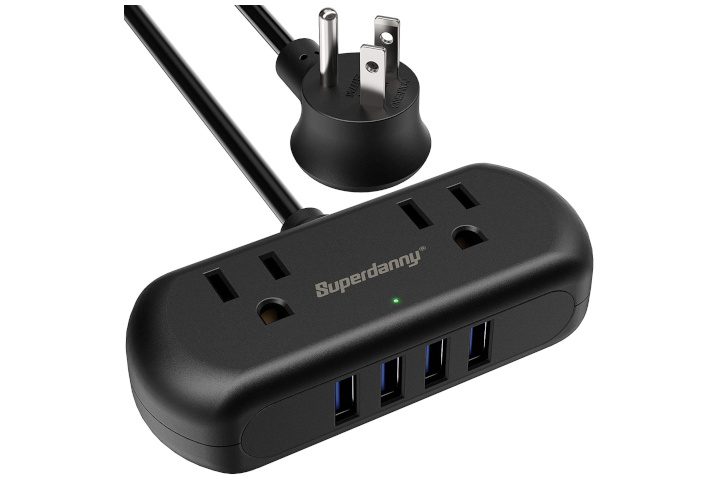 Superdanny charging station with two AC outlets and four USB ports.