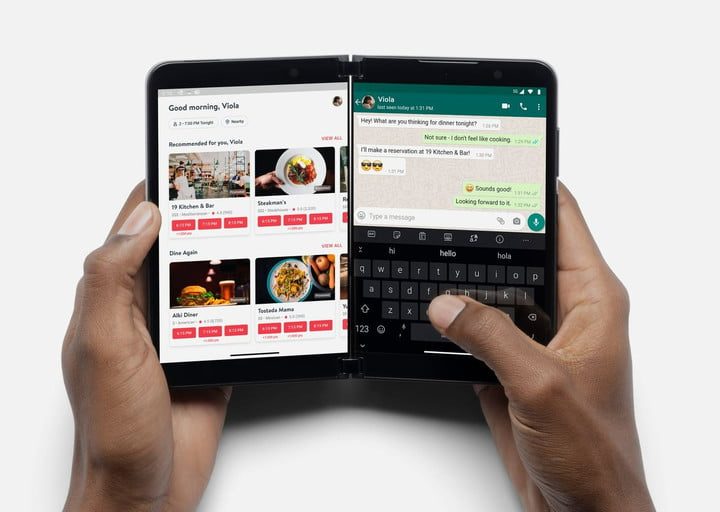 The Surface Duo 2, open to show its two screens.