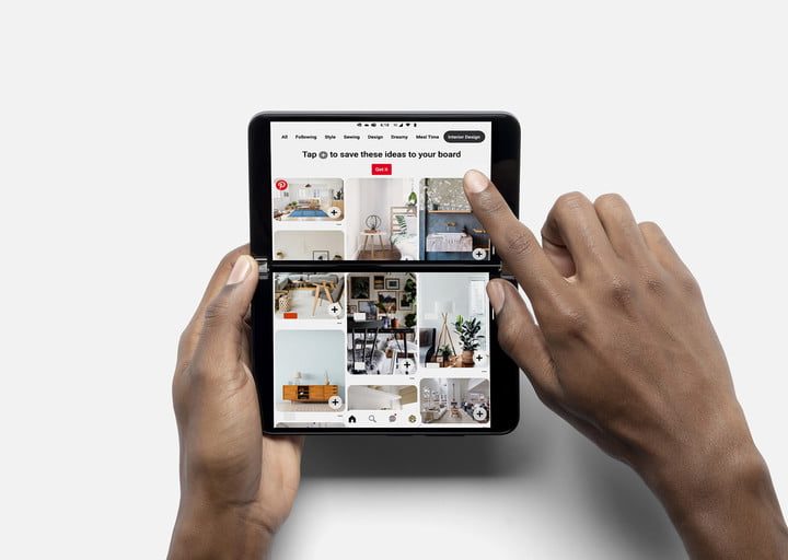 Person browsing pinterest on the Surface Duo 2.