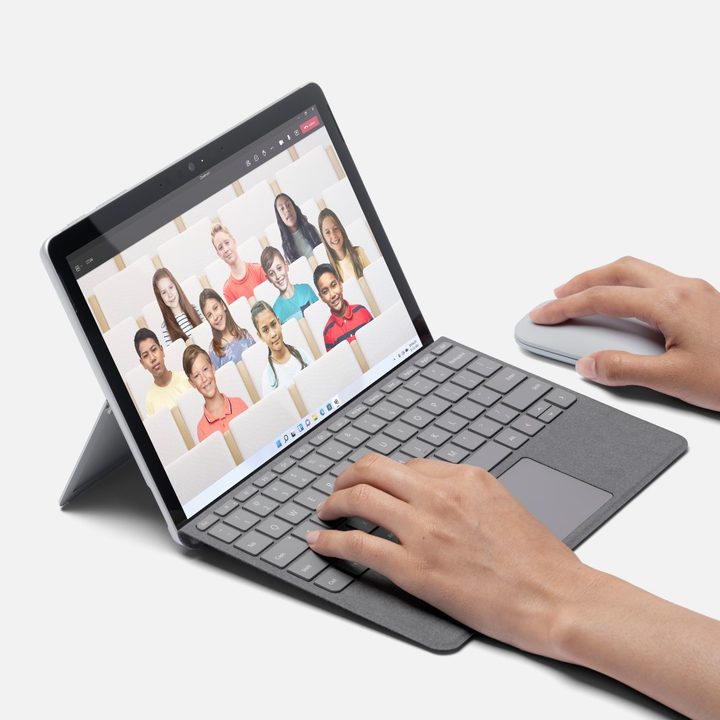 Surface Go 3 with type cover and mouse.