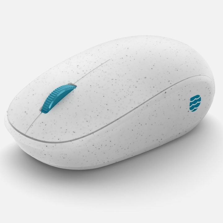 The Surface Ocean Plastic mouse with its blue scroll wheel.
