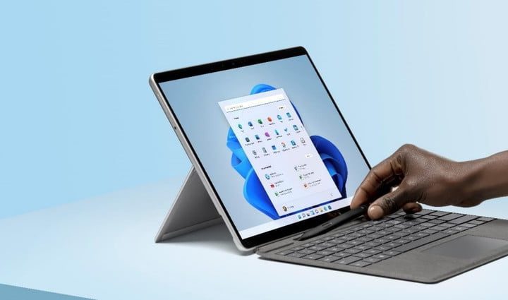 The Surface Pro 8, with its kickstand pulled open and keyboard attached.