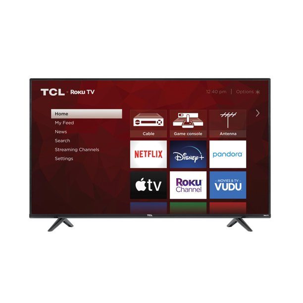 TCL 55 inch Class 4 series Roku smart tv, showing various streaming service options on the screen, on a white background.