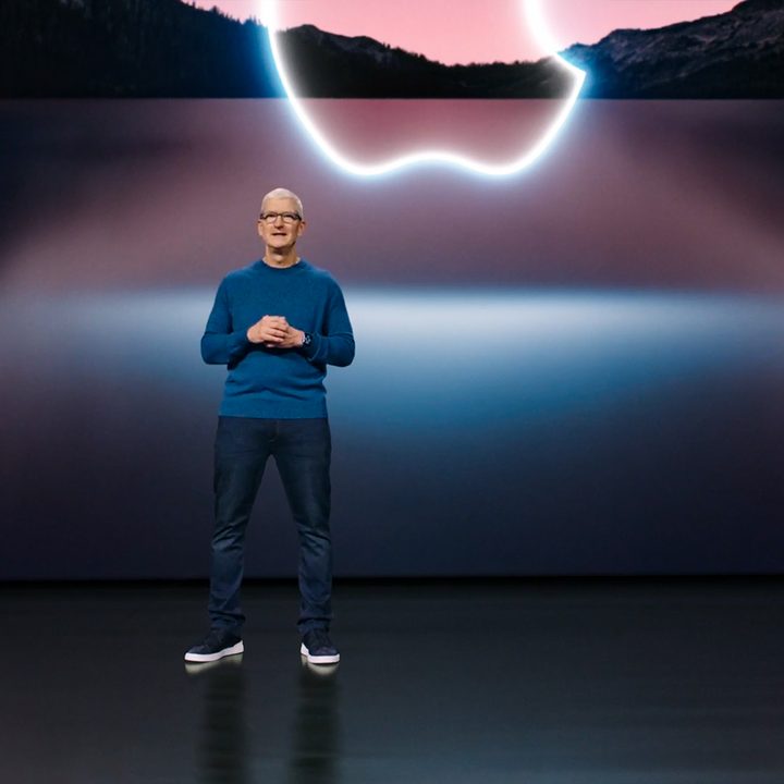Apple CEO, Tim Cook, stands on stage at the September 2021 Fall Apple Event.