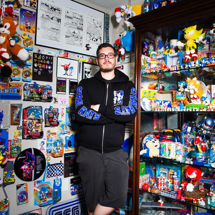 Justin "Treasure Hunting Sonic" standing in front of his Sonic collection.