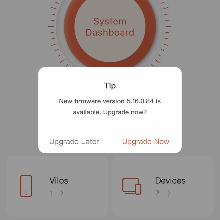 Vilo's firmware update prompt