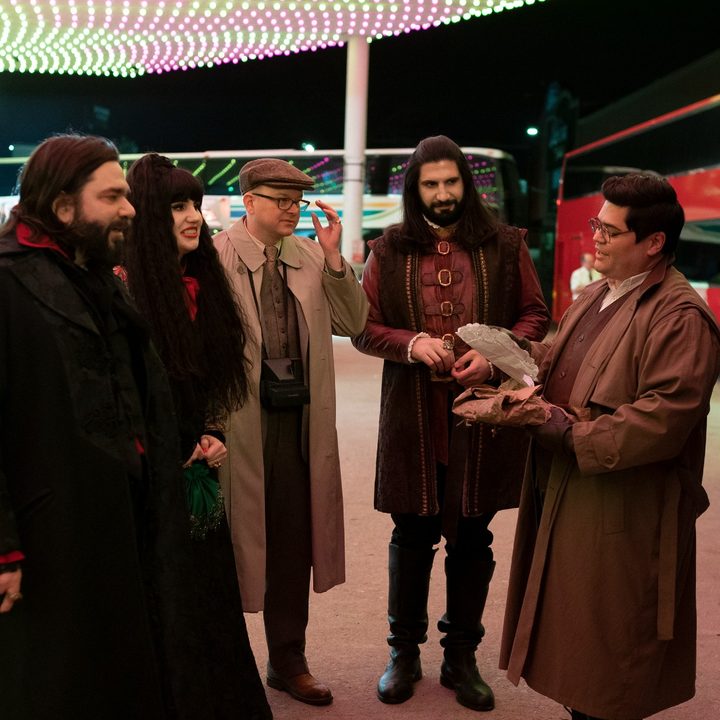 The cast of FX series What We Do In The Shadows standing outside a casino.
