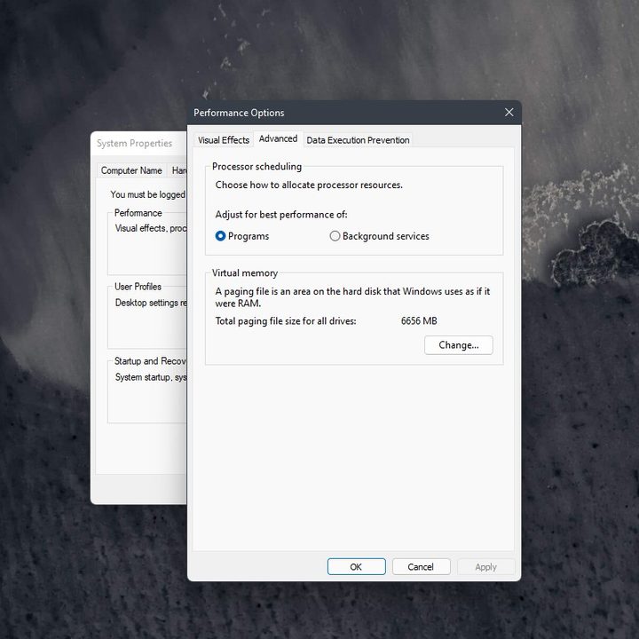 The Page File Settings in Windows 11.