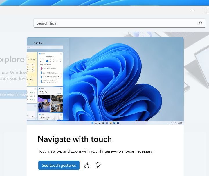 The new Tips app in Windows 11 showing the new pop-up feature.