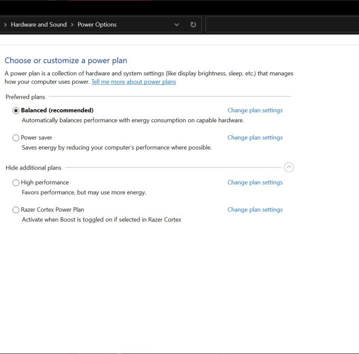 Powr plan options in Windows.