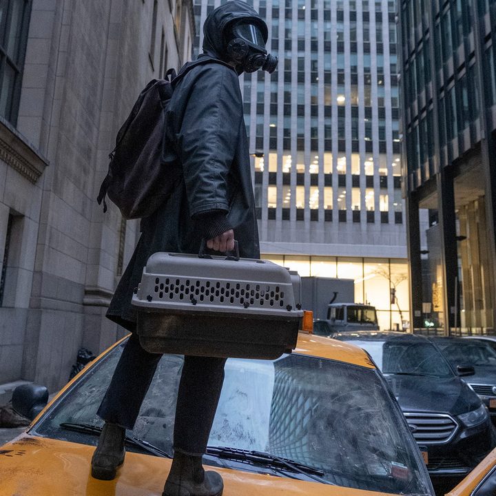 Yorick stands on top of a taxi in a scene from Y: The Last Man.