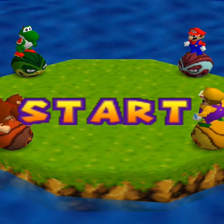 Mario, DK, Wario, and Yoshi playing bumper balls.