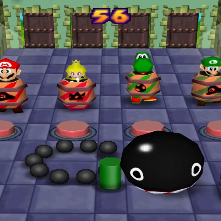 Mario and friends sneaking up to a chain chomp in barrels.