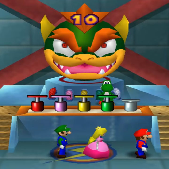 Yoshi about to push down a plunger.