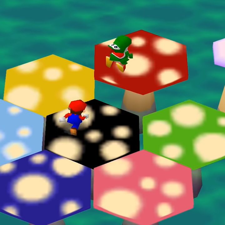 Yoshi jumping onto a red mushroom.