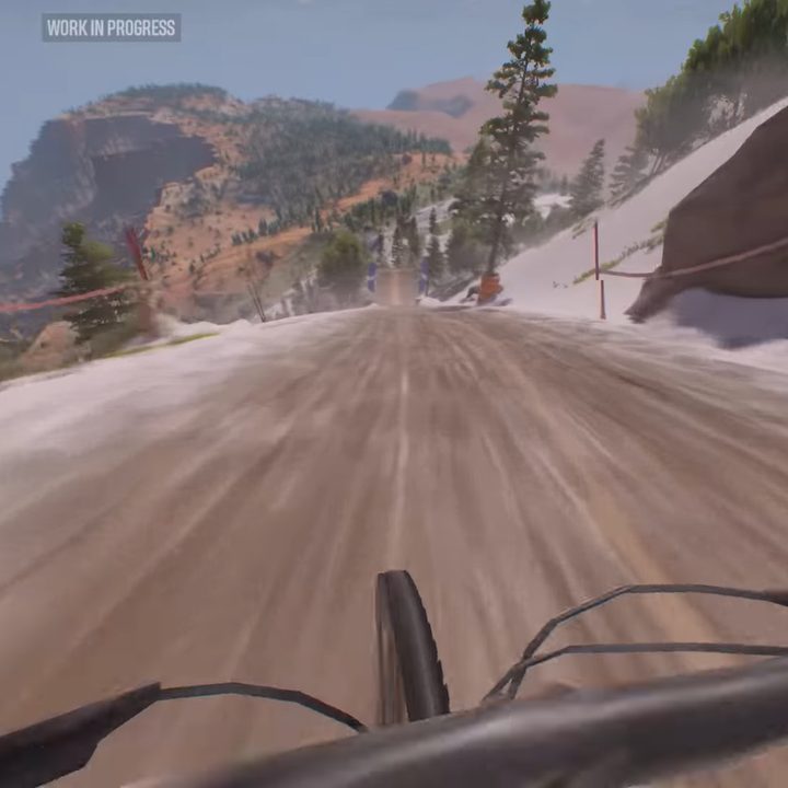 Riding a mountain bike in first person.