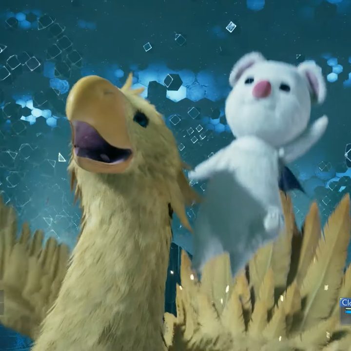 A Moogle riding a Chocobo.
