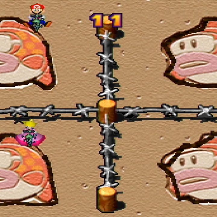 Mario riding a jackhammer to free a cheep cheep.
