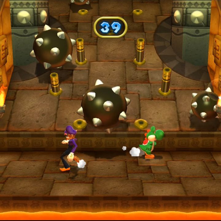 Yoshi and Waluigi dodging spike balls.