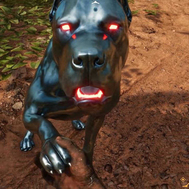 Holding hands with a metal dog.