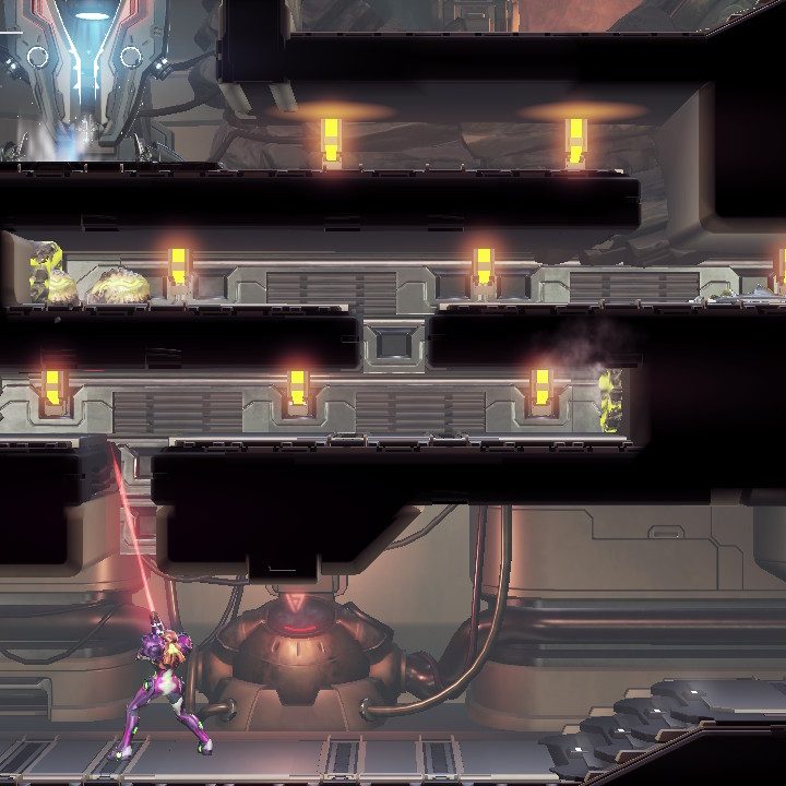 Samus shooting a block in Metroid Dread.