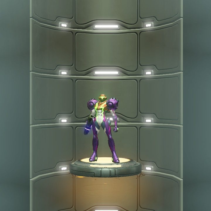 Samus using an elevator in Metroid Dread.
