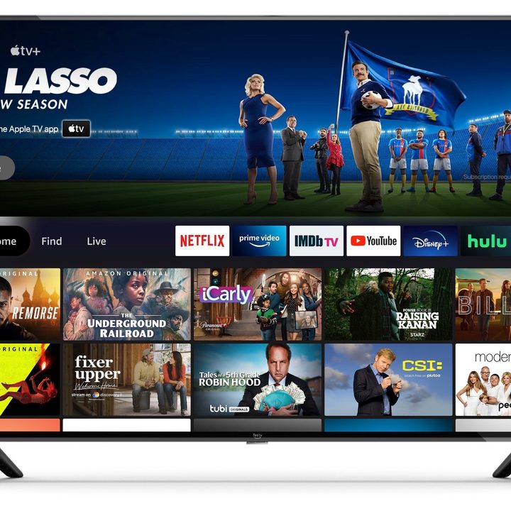Amazon Fire TV 4-Series 4K HDR TV with streaming apps on the screen.