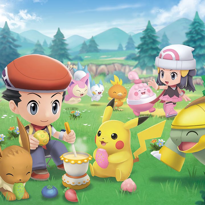 Pokémon Brilliant Diamond and Shining Pearl promo image showing trainers relaxing with their Pokémon in Amity Square.