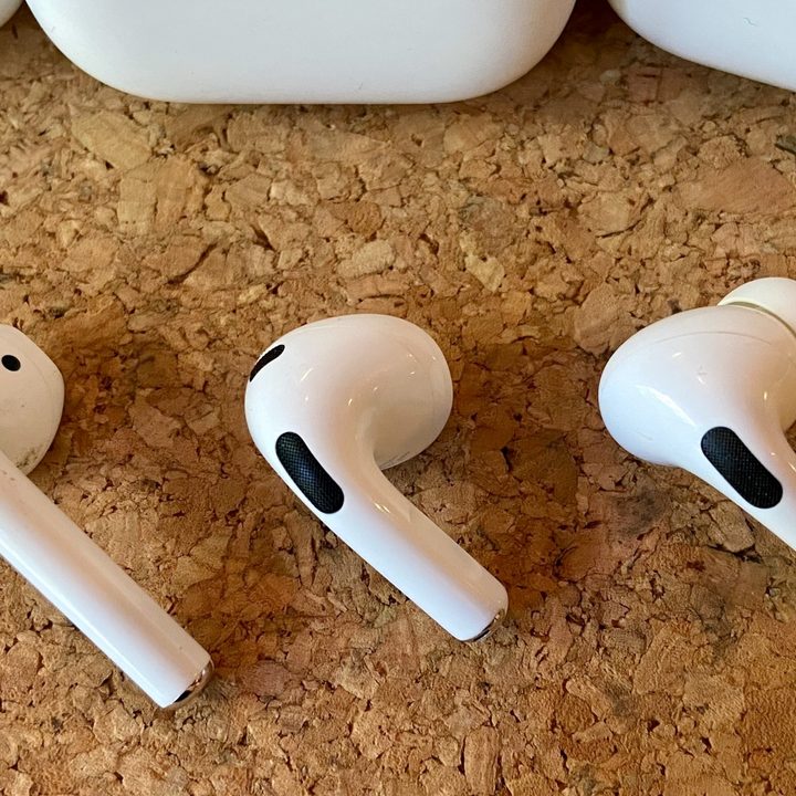 AirPods 3, AirPods, and AirPods Pro side by side.