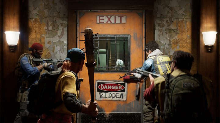 Players look out of a saferoom door in Back 4 Blood.