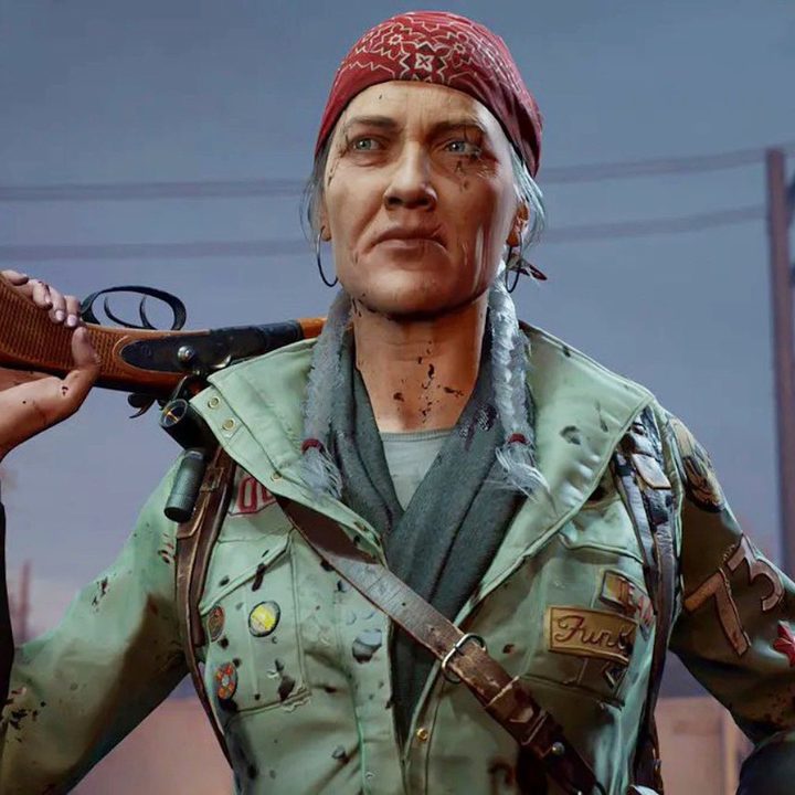 A character with a gun over her shoulder.