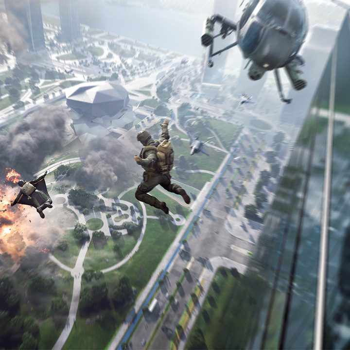 Soldiers jump off a building in Battlefield 2042.