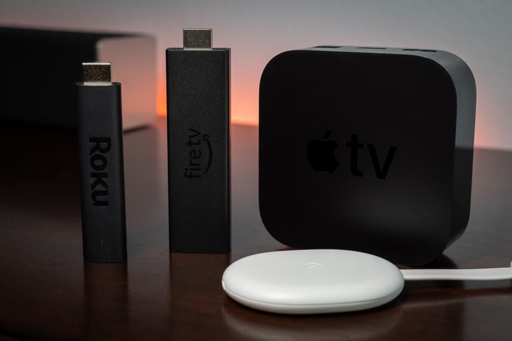 Apple TV 4K, Chromecast, Amazon Fire TV Stick 4K Max and Roku Streaming Stick 4K.