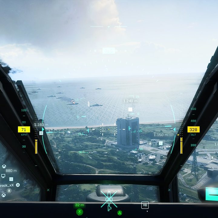 The view from inside a helicopter in Battlefield 2042.