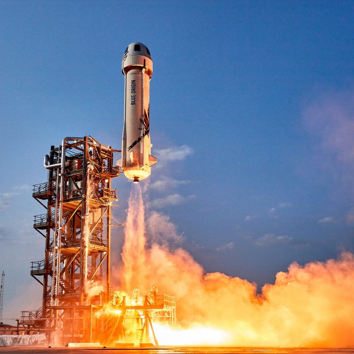 New Shepard lifts off from Launch Site One in West Texas for the NS-16 mission on July 20, 2021.