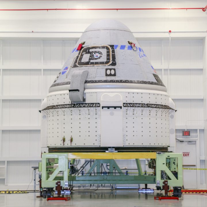 The Boeing CST-100 Starliner spacecraft is seen in the Commercial Crew and Cargo Processing Facility at NASA’s Kennedy Space Center in Florida on July 12, 2021.