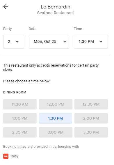Screenshot of Google Maps booking page.